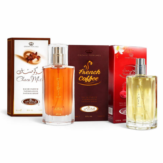 Al-Rehab Perfume Spray Bundle Choco Musk, Tooty Musk, and French Coffee 50ml